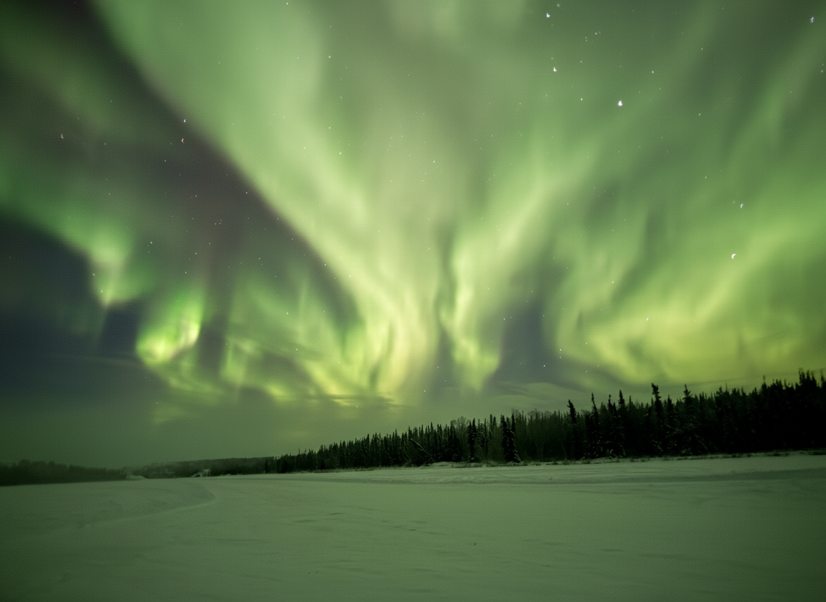 Northern Lights dancing over snowy Yellowknife landscape