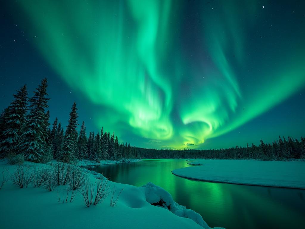 Aurora Borealis reflecting over Yellowknife lake at night