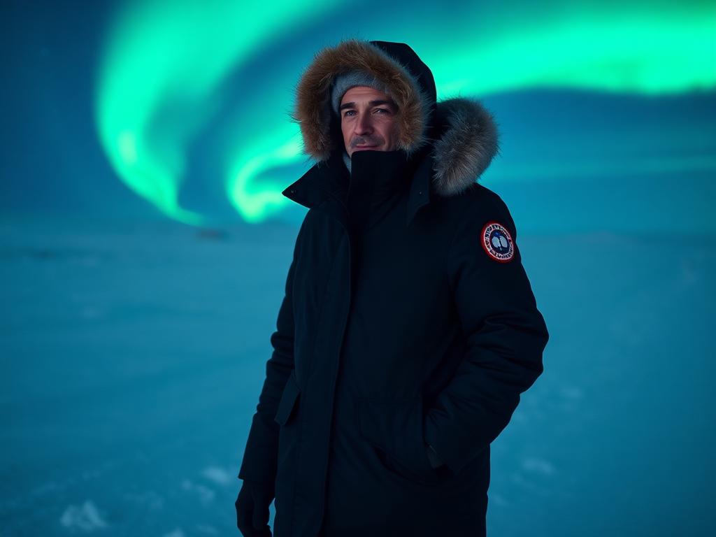 Person wearing premium winter parka with aurora borealis